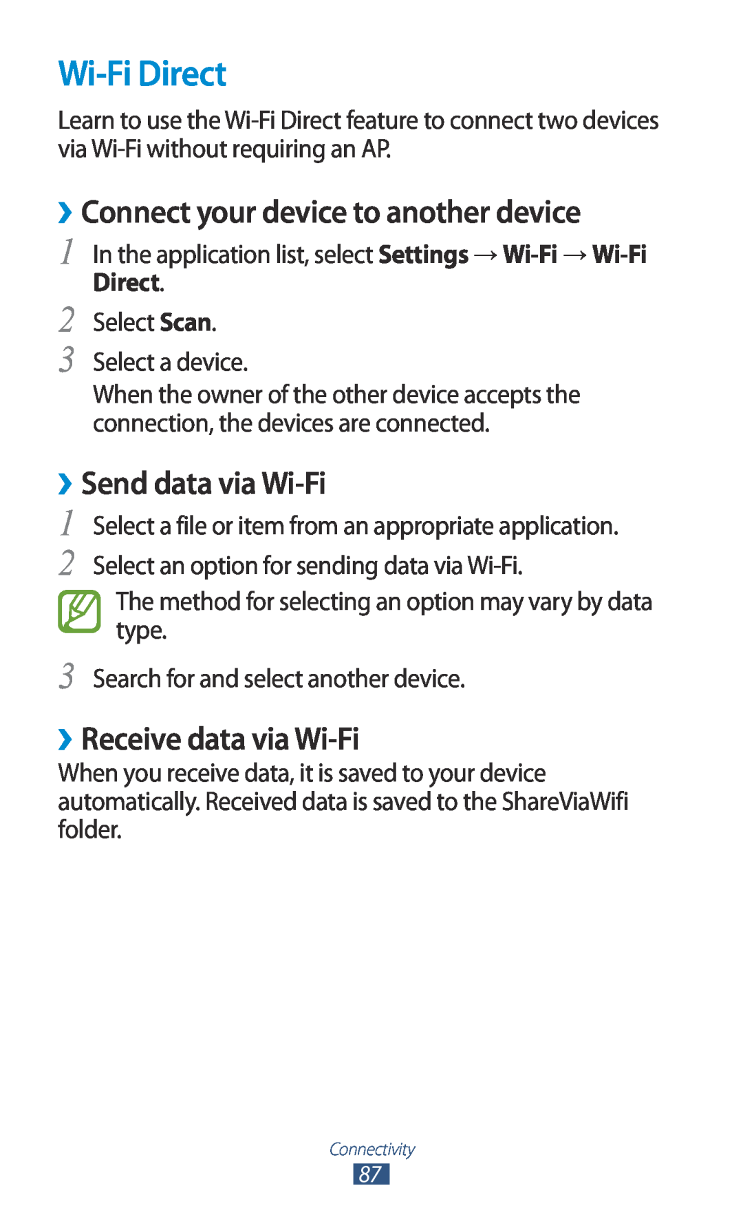 Samsung GTP5110ZWMTTT manual Wi-Fi Direct, ››Connect your device to another device, ››Send data via Wi-Fi 