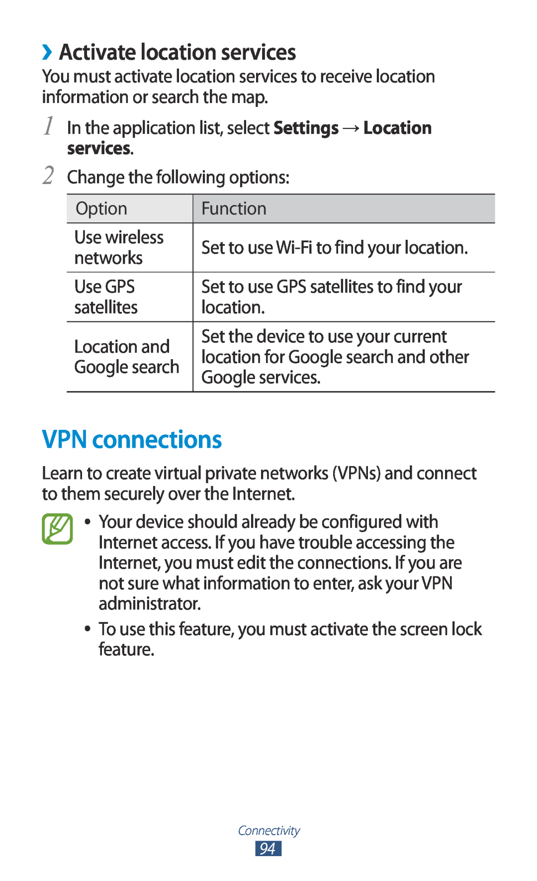 Samsung GTP5110ZWMTTT manual VPN connections, ››Activate location services 