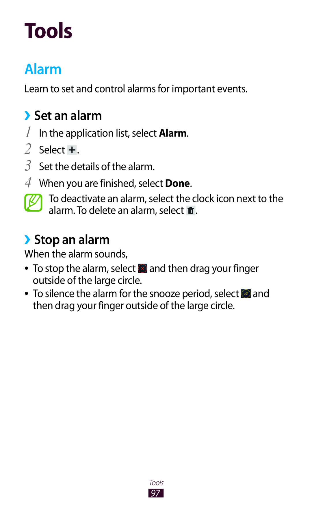 Samsung GTP5110ZWMTTT manual Tools, Alarm, ››Set an alarm, ››Stop an alarm 