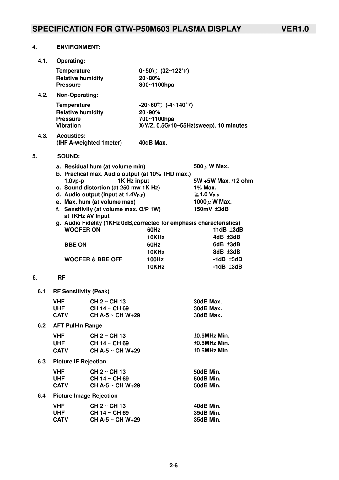 Samsung GTW-P50M603 service manual Environment, Woofer on, BBE on, Woofer & BBE OFF, Vhf, Uhf, Catv 