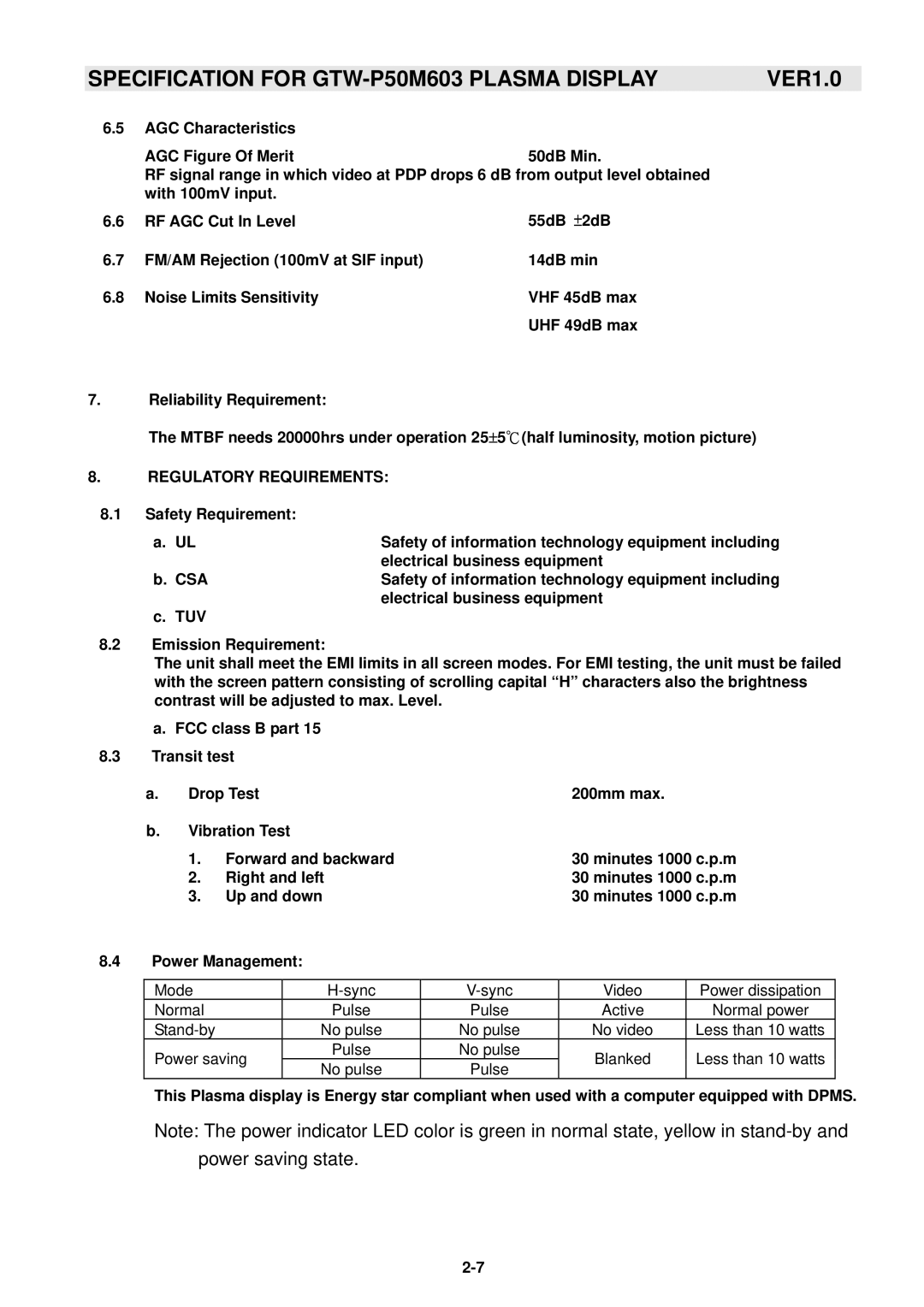 Samsung GTW-P50M603 service manual Regulatory Requirements 