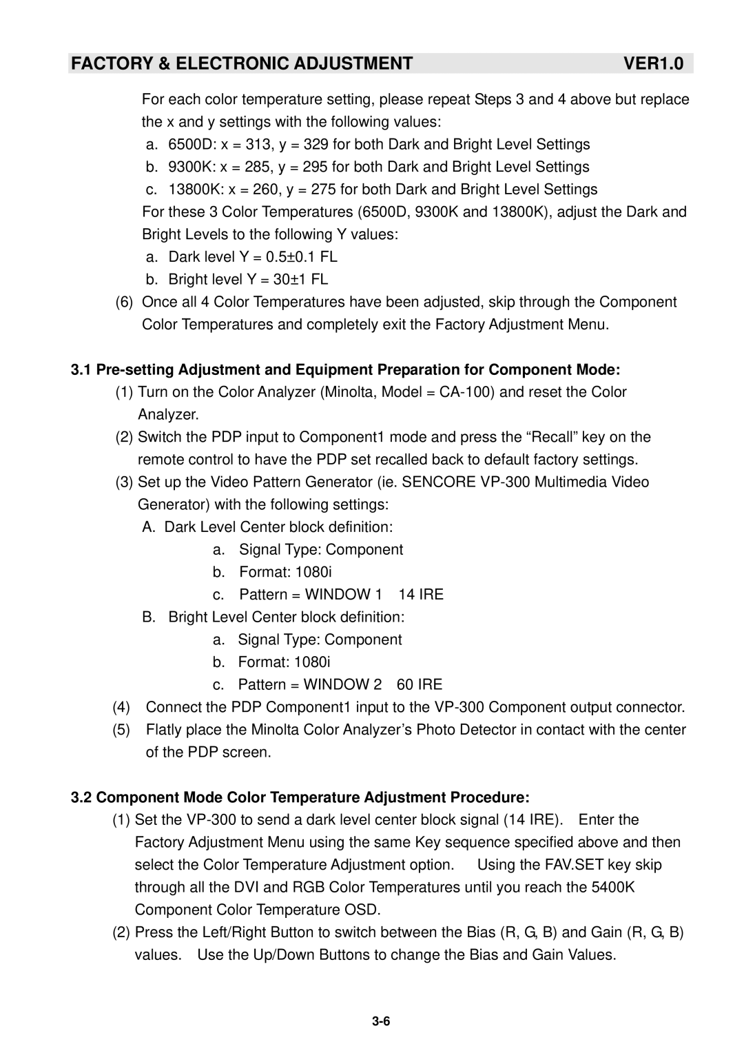 Samsung GTW-P50M603 service manual Component Mode Color Temperature Adjustment Procedure 