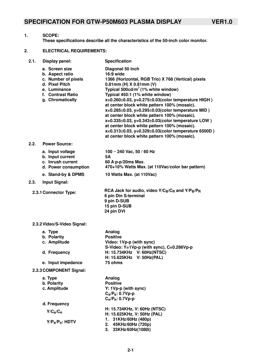 Samsung GTW-P50M603 service manual Scope, Electrical Requirements, CB/CR PB/PR Hdtv 