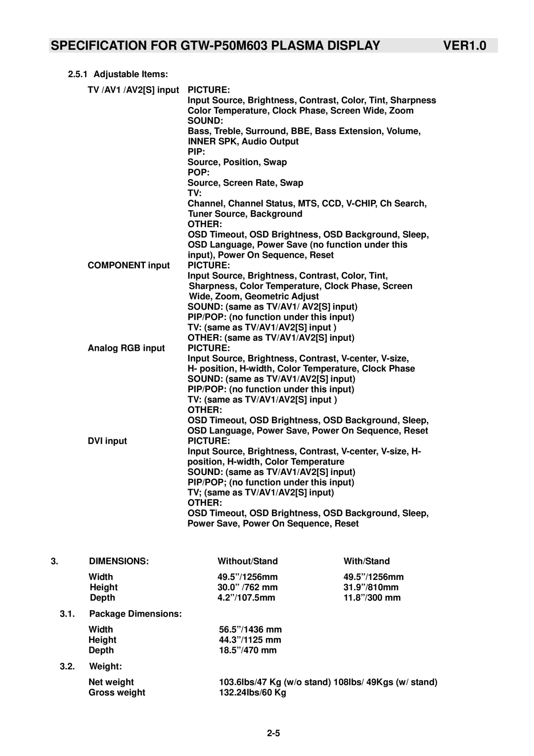 Samsung GTW-P50M603 service manual Picture, Sound, Pip, Pop, Other, Dimensions 