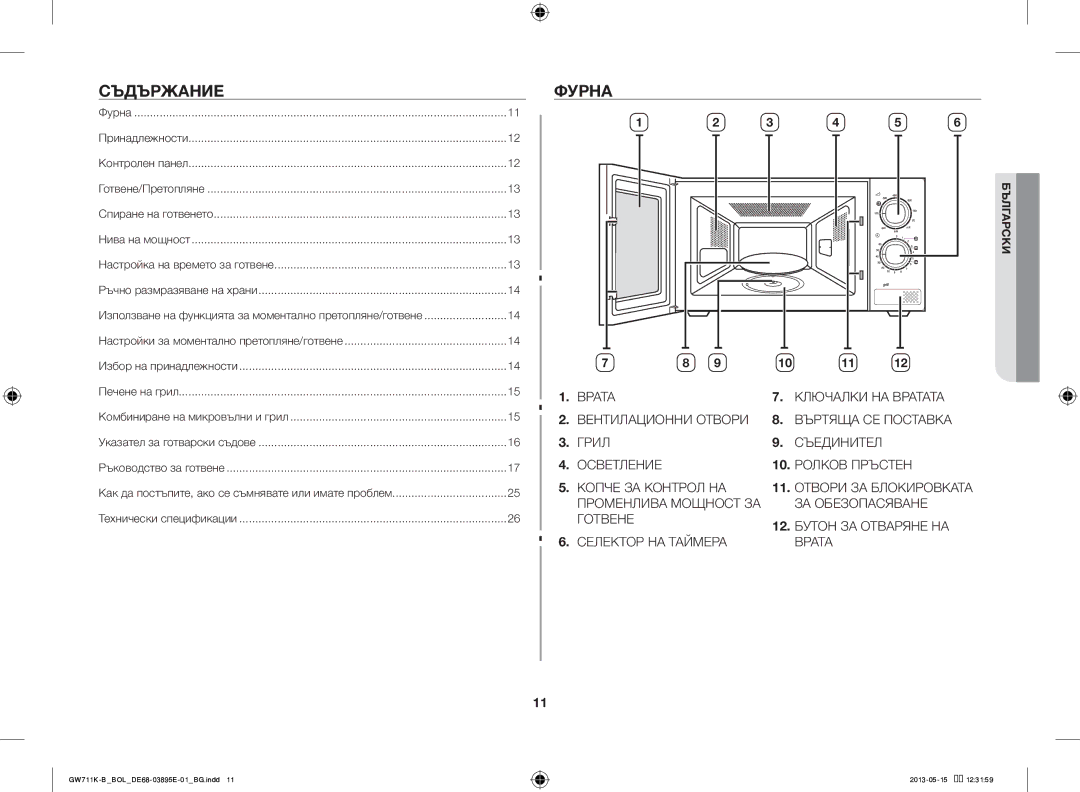 Samsung GW711K-B/BOL manual Съдържание, Фурна, Селектор НА Таймера, Врата 