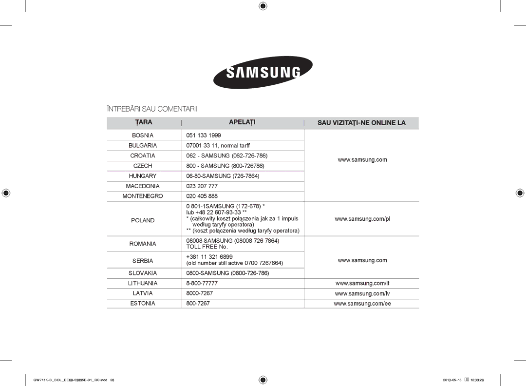 Samsung GW711K-B/BOL manual Nr. cod DE68-03895E-01 