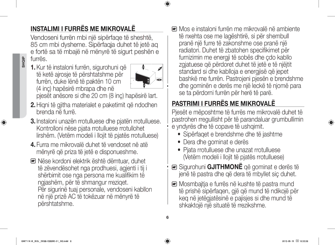 Samsung GW711K-B/BOL manual Inç hapësirë mbrapa dhe në, Pastrimi I Furrës ME Mikrovalë 