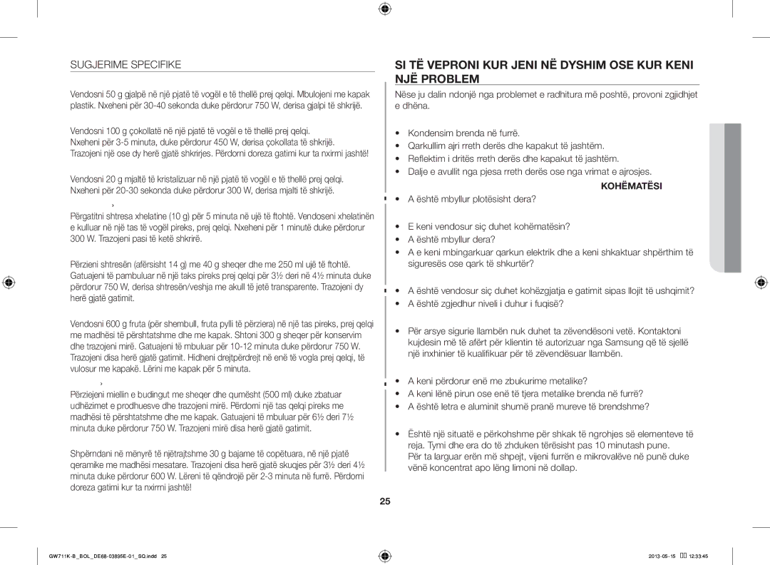 Samsung GW711K-B/BOL manual SI TË Veproni KUR Jeni NË Dyshim OSE KUR Keni NJË Problem, Sugjerime Specifike 