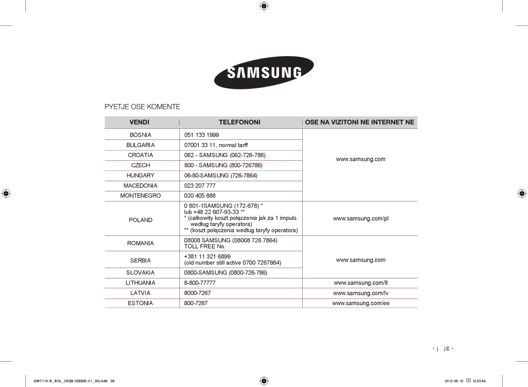 Samsung GW711K-B/BOL manual Nr. i kodit DE68-03895E-01 