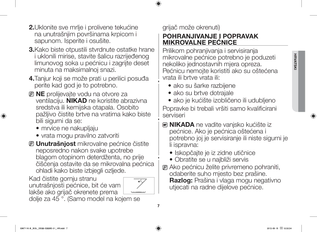 Samsung GW711K-B/BOL manual Pohranjivanje I Popravak Mikrovalne Pećnice 