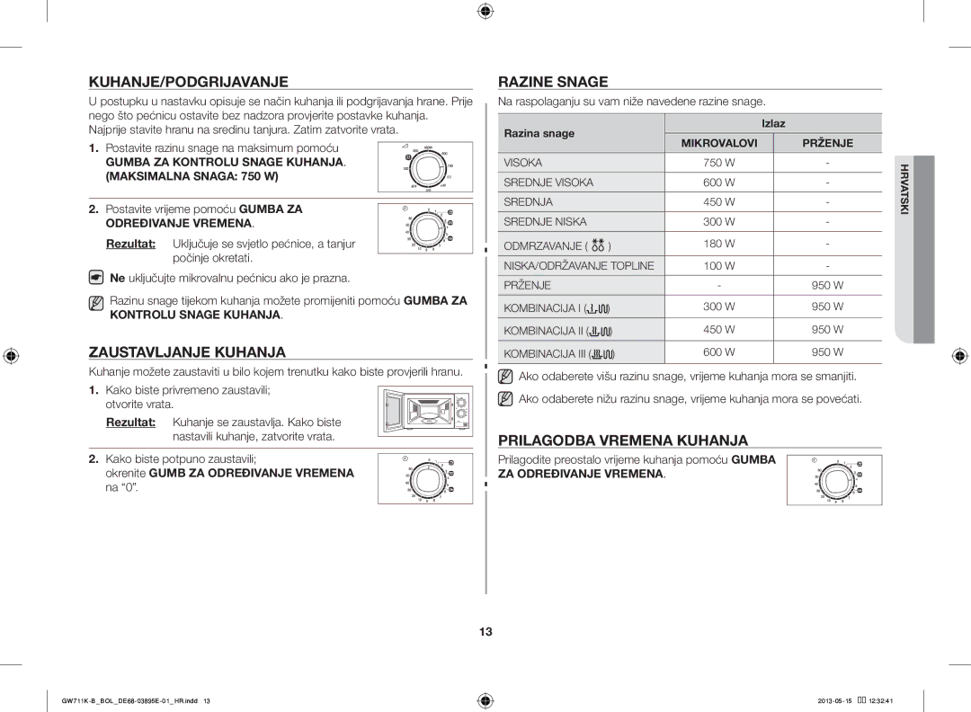 Samsung GW711K-B/BOL manual Kuhanje/Podgrijavanje, Zaustavljanje Kuhanja, Razine Snage, Prilagodba Vremena Kuhanja 