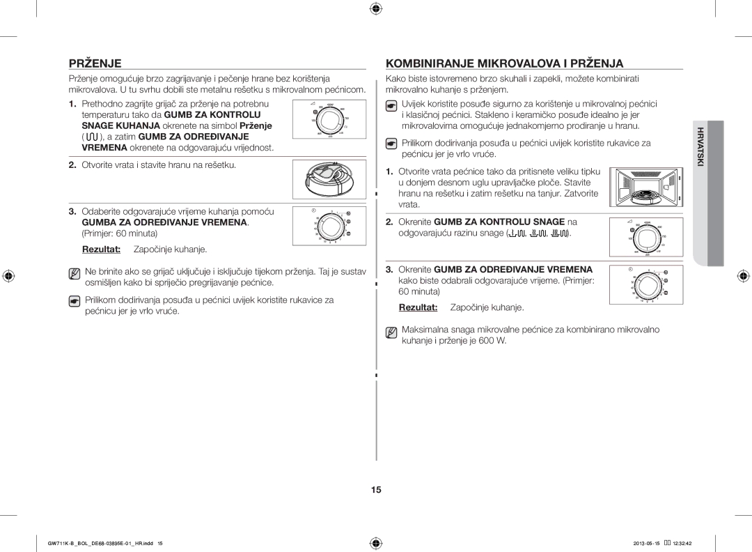 Samsung GW711K-B/BOL manual Prženje, Kombiniranje Mikrovalova I Prženja, Odgovarajuću razinu snage 