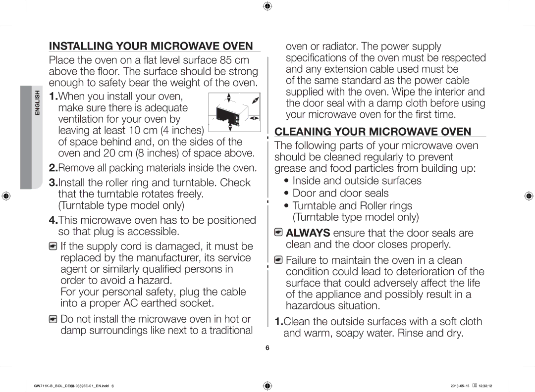 Samsung GW711K-B/BOL manual Installing Your Microwave Oven, Cleaning Your Microwave Oven 