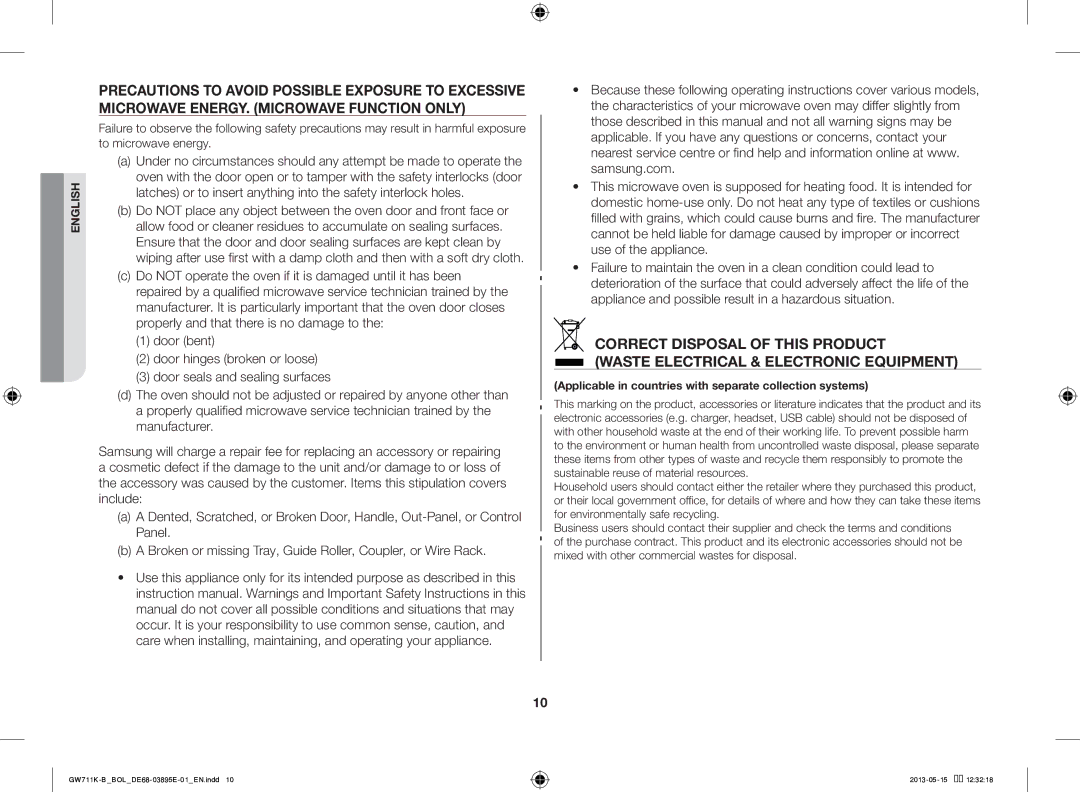 Samsung GW711K-B/BOL manual Applicable in countries with separate collection systems 