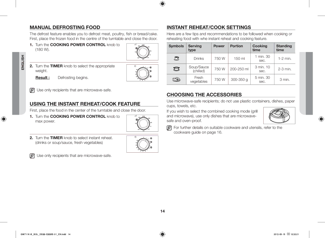 Samsung GW711K-B/BOL manual Manual Defrosting Food, Using the Instant REHEAT/COOK Feature, Instant REHEAT/COOK Settings 