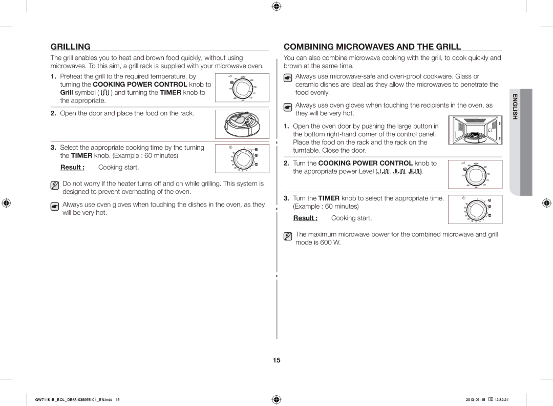 Samsung GW711K-B/BOL manual Grilling, Combining Microwaves and the Grill 