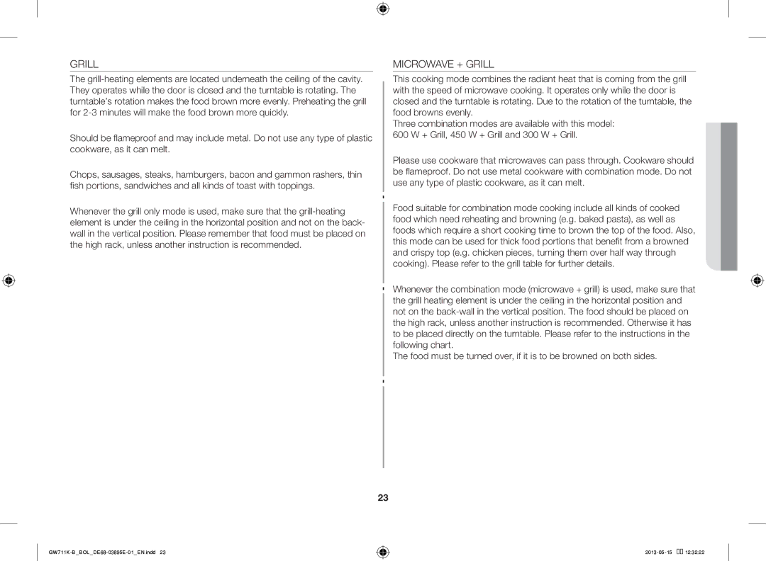 Samsung GW711K-B/BOL manual Microwave + Grill 