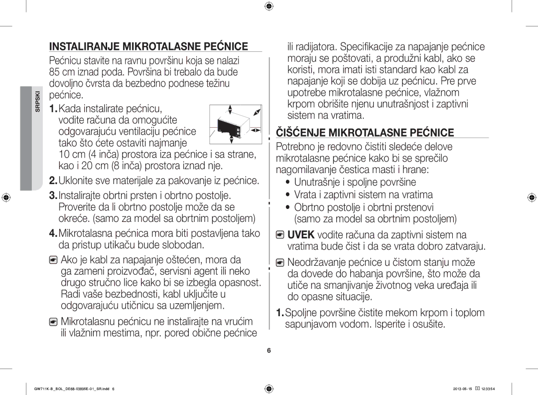 Samsung GW711K-B/BOL manual Vodite računa da omogućite, Tako što ćete ostaviti najmanje, Čišćenje Mikrotalasne Pećnice 