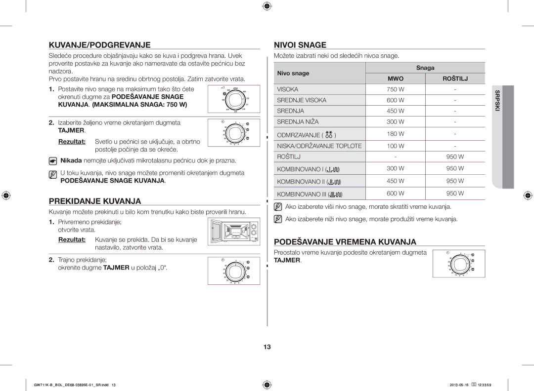 Samsung GW711K-B/BOL manual Kuvanje/Podgrevanje, Prekidanje Kuvanja, Nivoi Snage, Podešavanje Vremena Kuvanja 