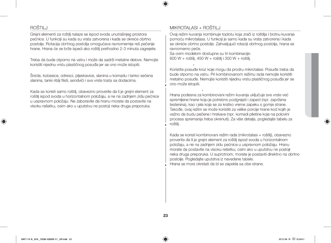 Samsung GW711K-B/BOL manual Mikrotalasi + Roštilj, Posuđe za pečenje na roštilju, Hrana pogodna za pečenje na roštilju 