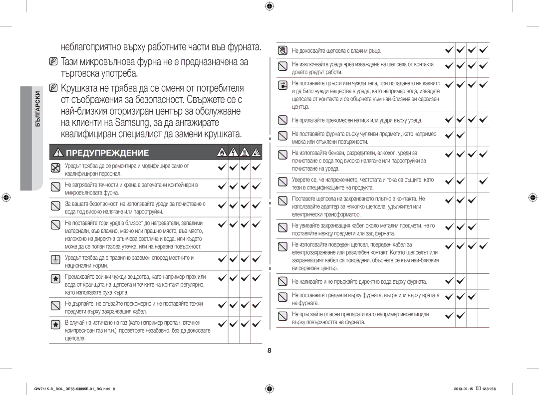 Samsung GW711K-B/BOL manual Предупреждение, Не прилагайте прекомерен натиск или удари върху уреда 