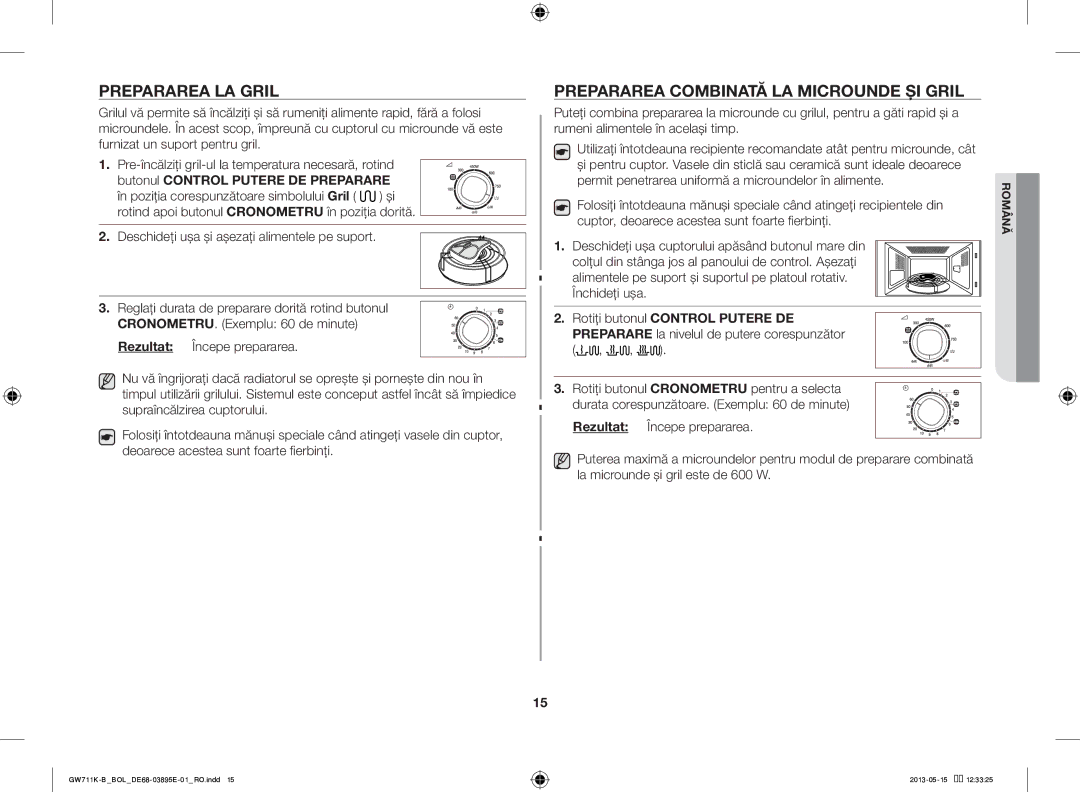 Samsung GW711K-B/BOL manual Prepararea LA Gril, Prepararea Combinată LA Microunde ŞI Gril 