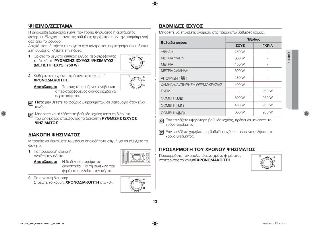 Samsung GW711K/ELE manual Ψήσιμο/Ζέσταμα, Διακοπή Ψησίματοσ, Βαθμίδεσ Ισχύοσ, Προσαρμογή ΤΟΥ Χρόνου Ψησίματοσ 