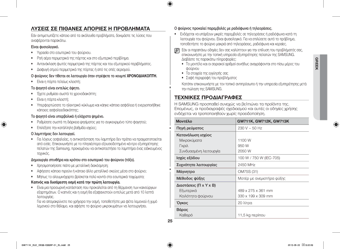 Samsung GW711K/ELE manual Λύσεισ ΣΕ Πιθανέσ Απορίεσ Ή Προβλήματα, Τεχνικέσ Προδιαγραφέσ 