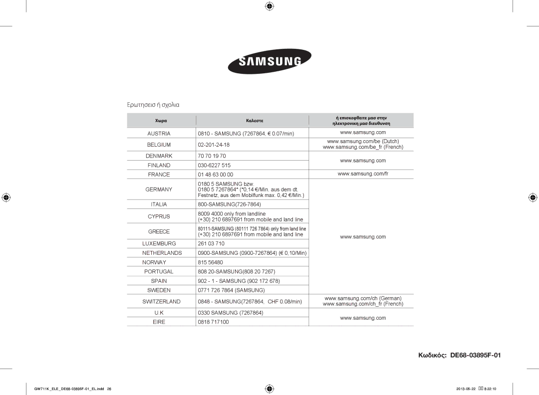 Samsung GW711K/ELE manual Κωδικός DE68-03895F-01 