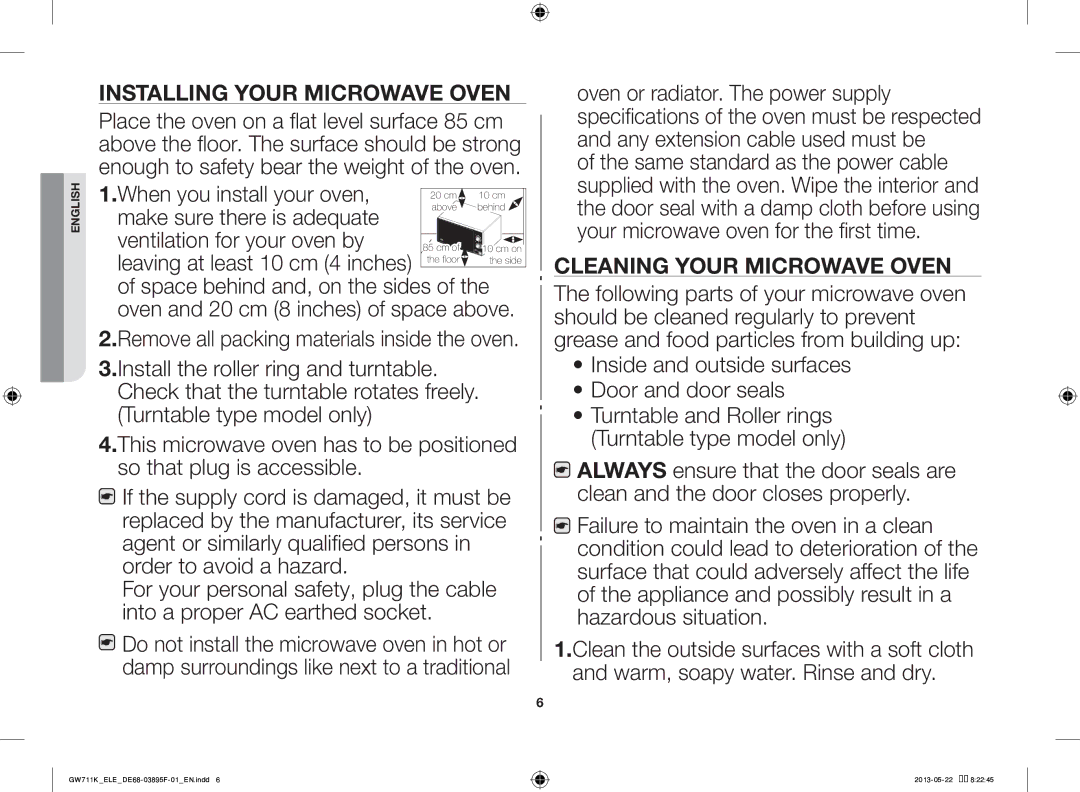 Samsung GW711K/ELE manual Installing Your Microwave Oven 