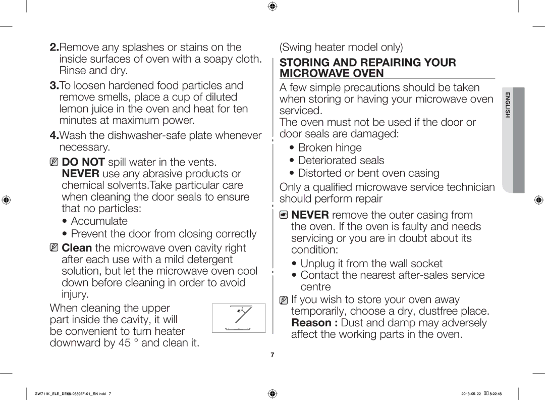 Samsung GW711K/ELE manual Storing and Repairing Your Microwave Oven 