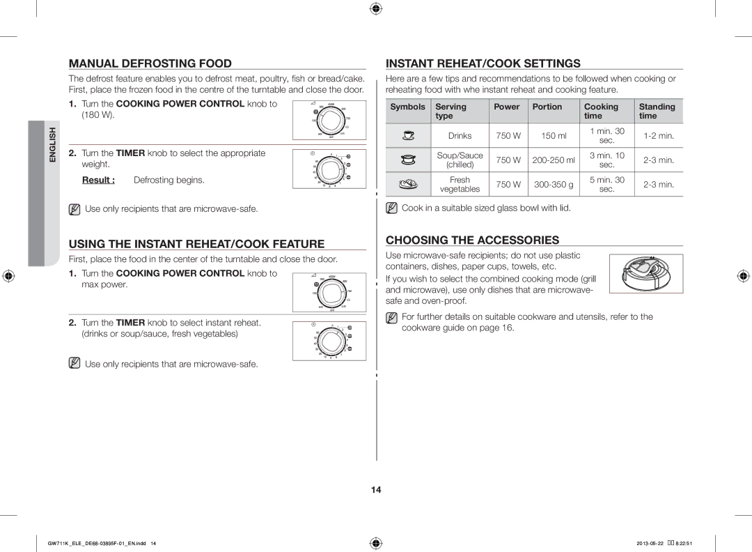 Samsung GW711K/ELE manual Manual Defrosting Food, Using the Instant REHEAT/COOK Feature, Instant REHEAT/COOK Settings 