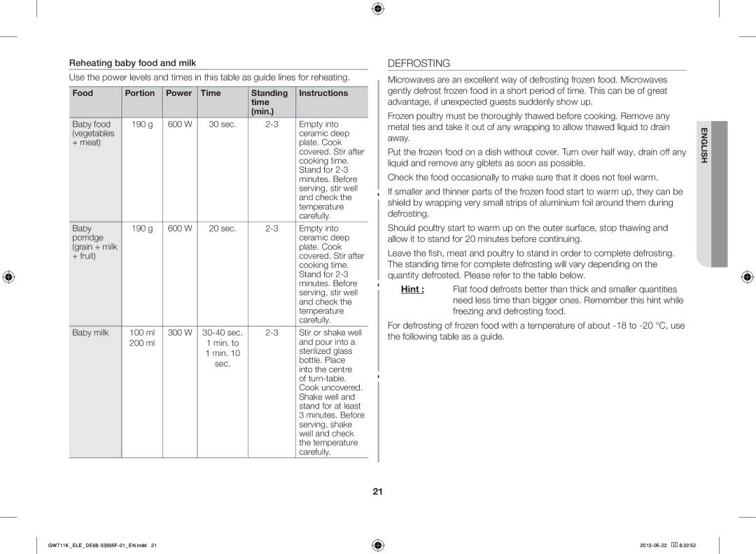 Samsung GW711K/ELE manual Defrosting 