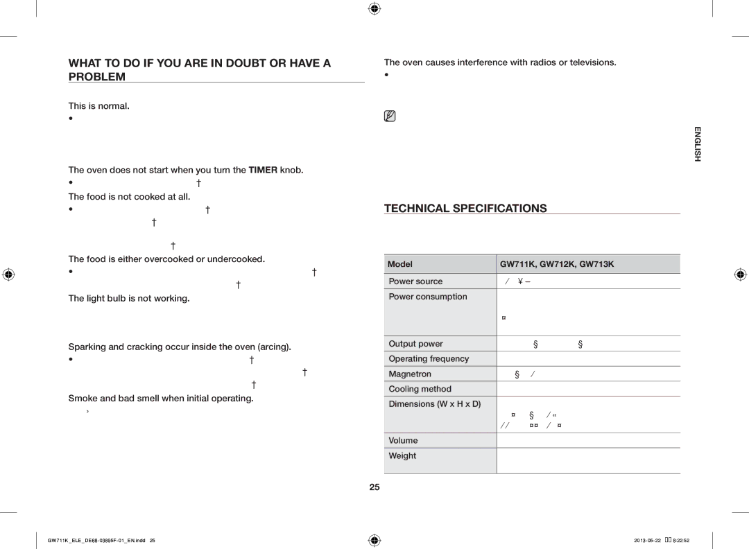 Samsung GW711K/ELE manual What to do if YOU are in Doubt or have a Problem, Technical Specifications 