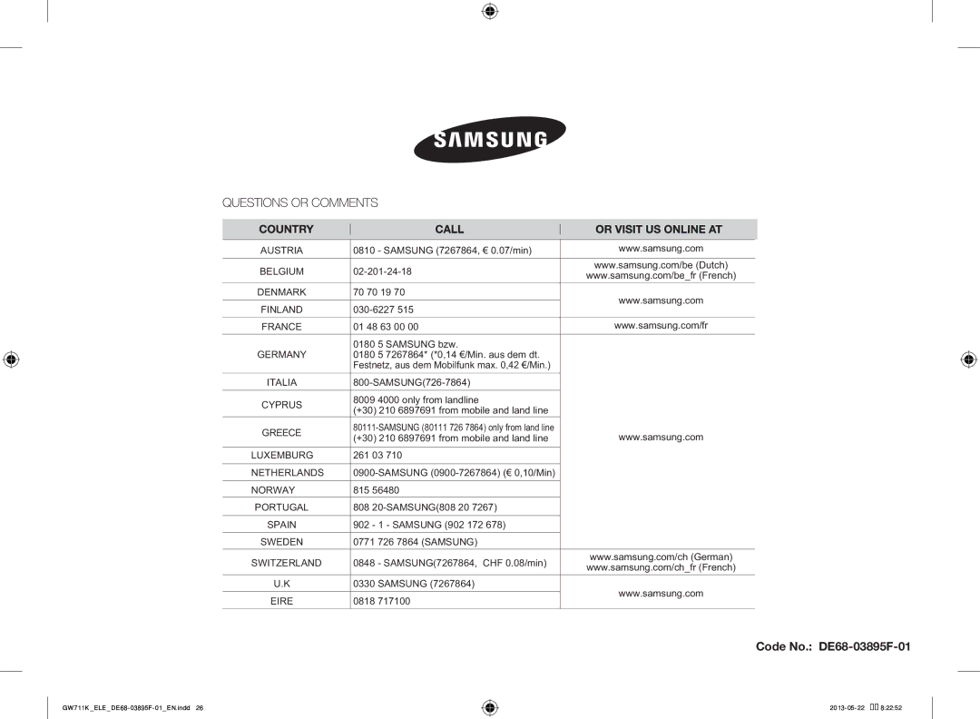 Samsung GW711K/ELE manual Code No. DE68-03895F-01 