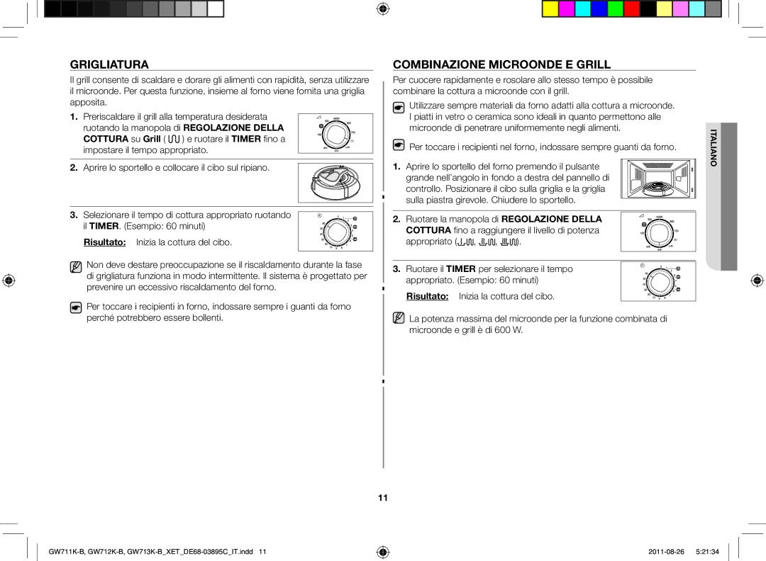 Samsung GW711K/XET manual Grigliatura, Combinazione microonde e grill 