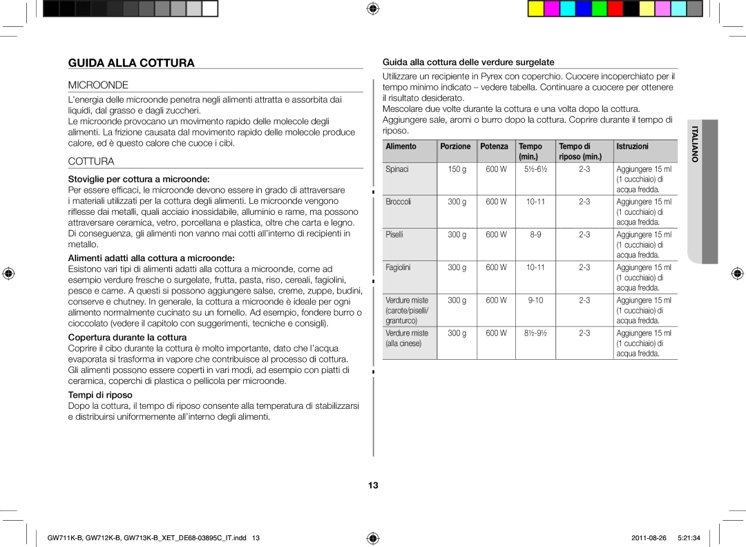 Samsung GW711K/XET manual Guida alla cottura, Microonde, Cottura, Alimento Porzione Potenza Tempo Tempo di Istruzioni Min 