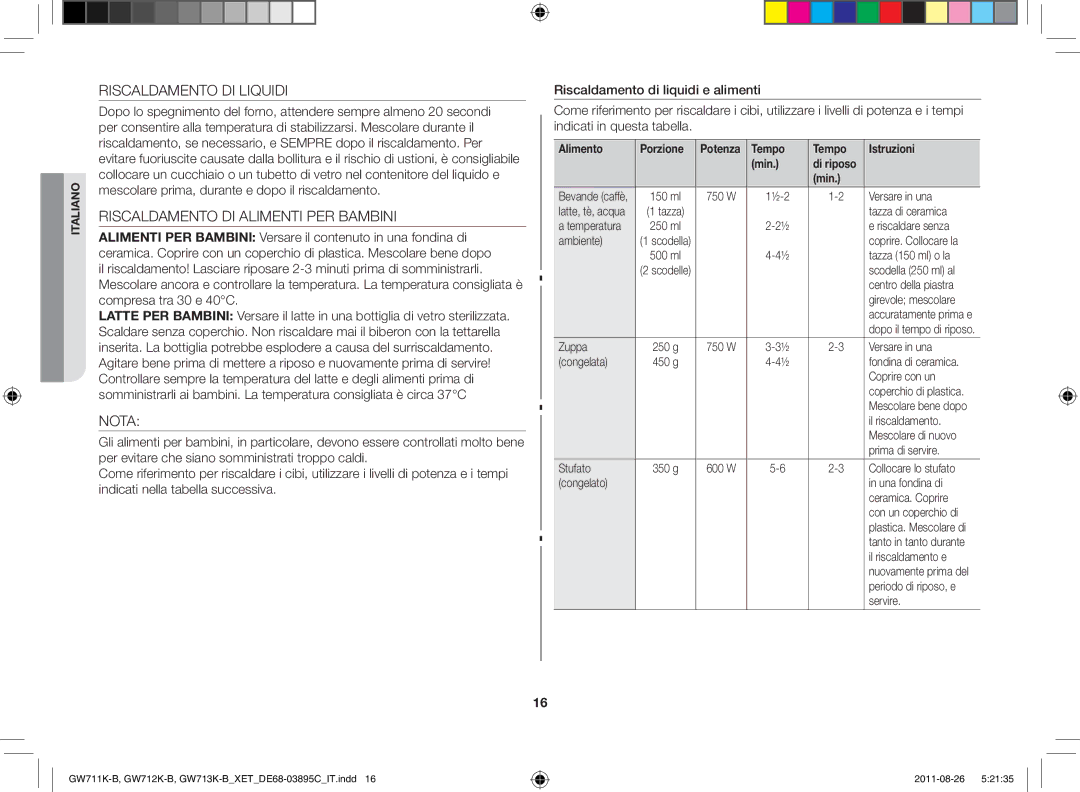 Samsung GW711K/XET manual Riscaldamento DI Liquidi, Riscaldamento DI Alimenti PER Bambini, Nota, Alimento Porzione 