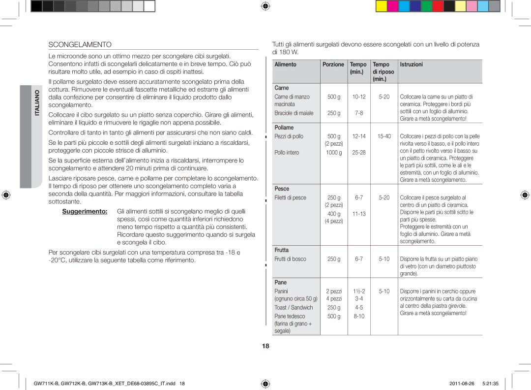 Samsung GW711K/XET manual Scongelamento 