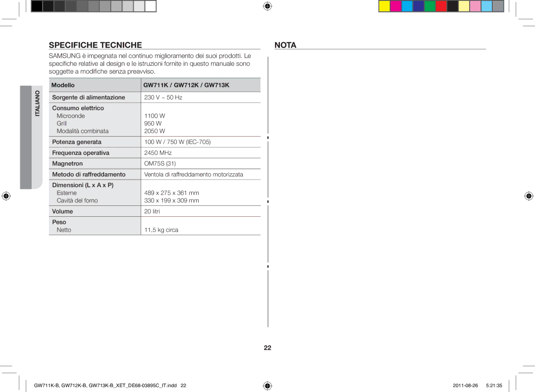 Samsung GW711K/XET Specifiche tecnicheNota, Soggette a modifiche senza, Modello GW711K / GW712K / GW713K, 230 V ~ 50 Hz 