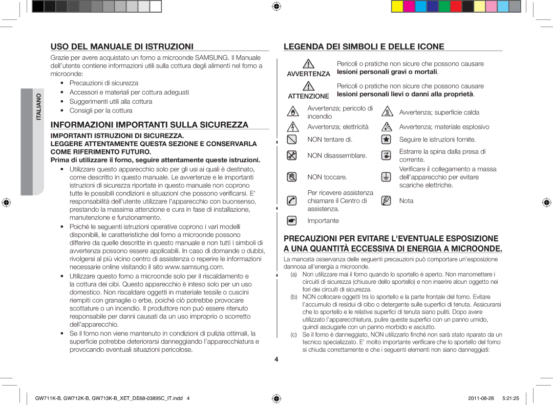 Samsung GW711K/XET Uso del manuale di istruzioni, Informazioni importanti sulla sicurezza 