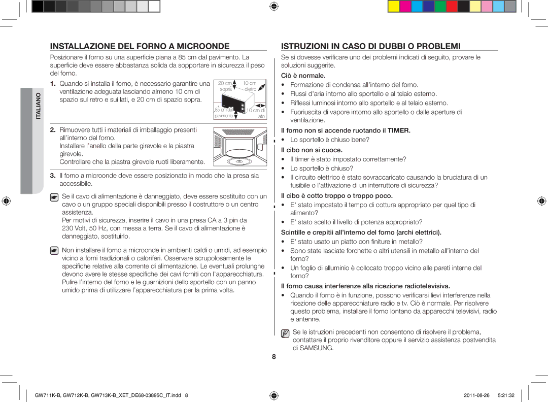 Samsung GW711K/XET manual Installazione del forno a microonde, Istruzioni in caso di dubbi o problemi 