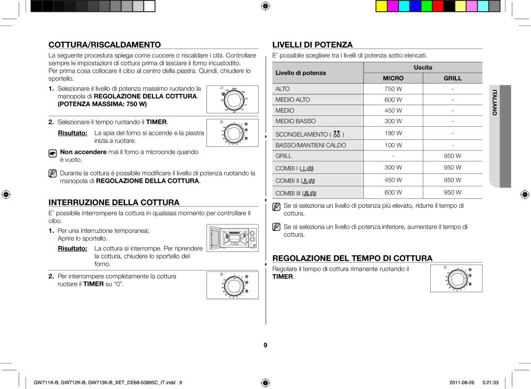 Samsung GW711K/XET Cottura/Riscaldamento, Interruzione della cottura, Livelli di potenza, Regolazione del tempo di cottura 