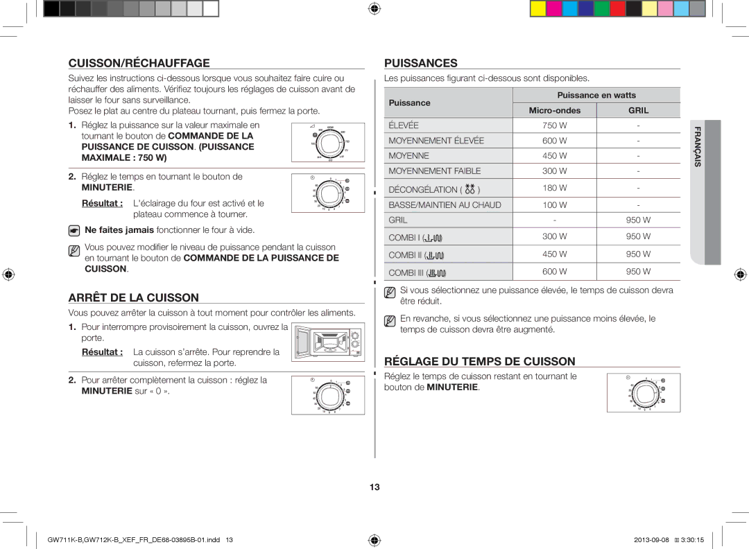 Samsung GW712K-B/XEF manual Cuisson/Réchauffage, Arrêt DE LA Cuisson, Puissances, Réglage DU Temps DE Cuisson 