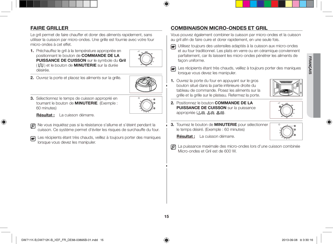 Samsung GW712K-B/XEF manual Faire Griller, Combinaison MICRO-ONDES ET Gril 