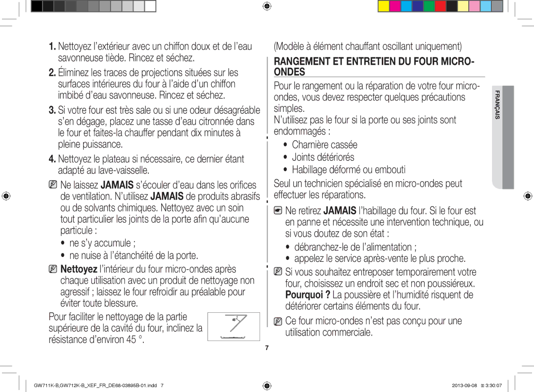 Samsung GW712K-B/XEF manual Rangement ET Entretien DU Four MICRO- Ondes 