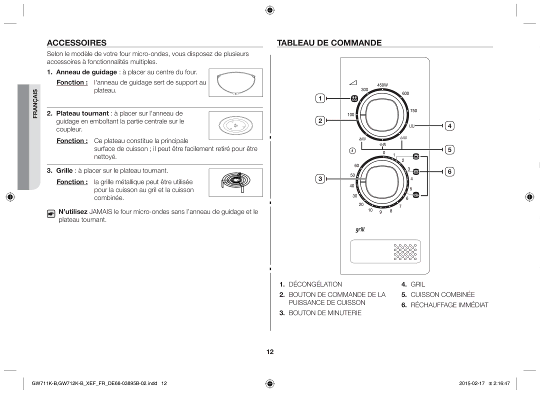 Samsung GW712K/XEF manual Accessoires, Tableau de commande 