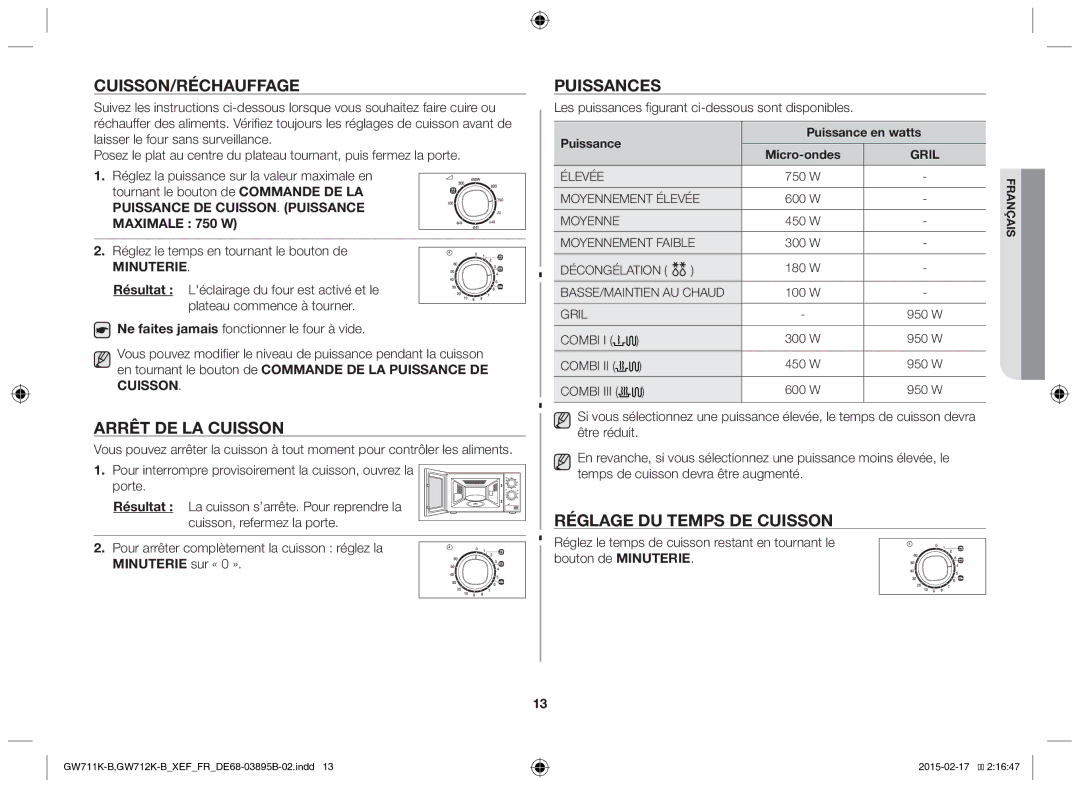 Samsung GW712K/XEF manual Cuisson/Réchauffage, Arrêt de la cuisson, Puissances, Réglage du temps de cuisson 