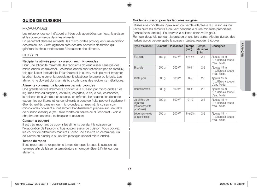 Samsung GW712K/XEF manual Guide de cuisson, Micro-Ondes, Cuisson 