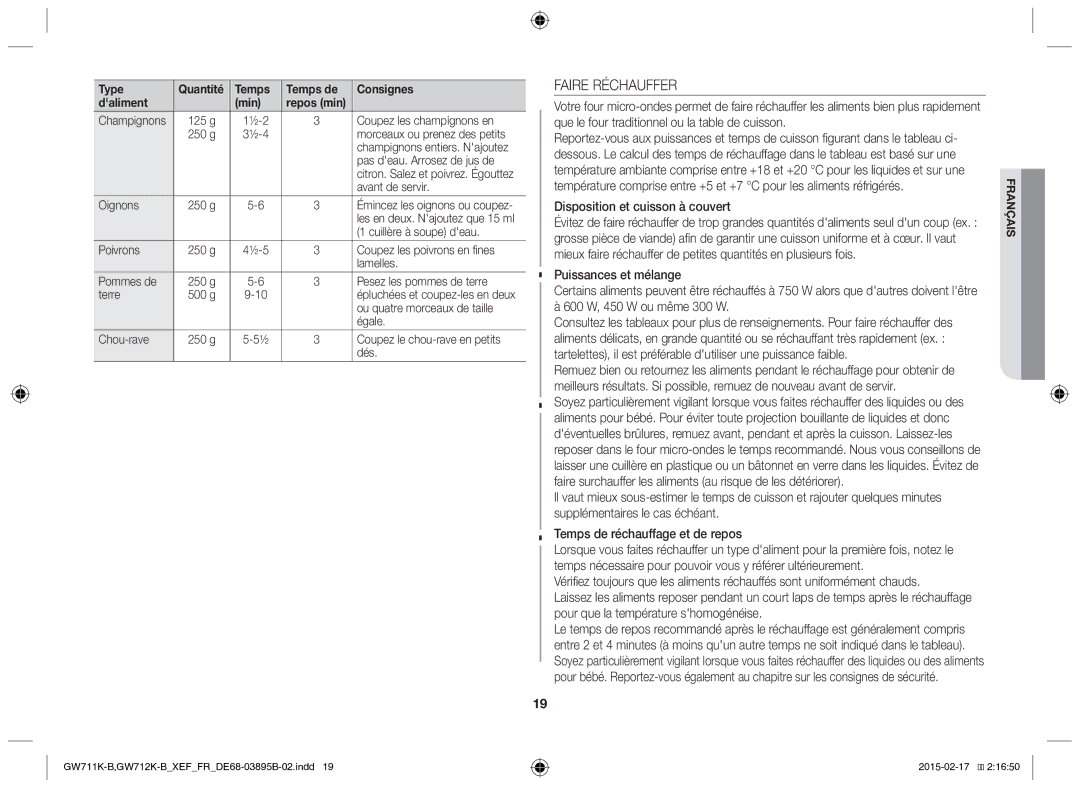 Samsung GW712K/XEF manual Faire Réchauffer, Disposition et cuisson à couvert 